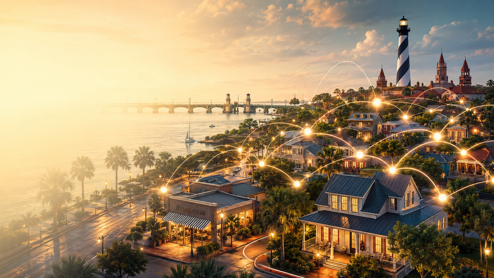 Illustration of St. Augustine's skyline connected by a network of glowing lines, representing PD Home Pros' local professional network