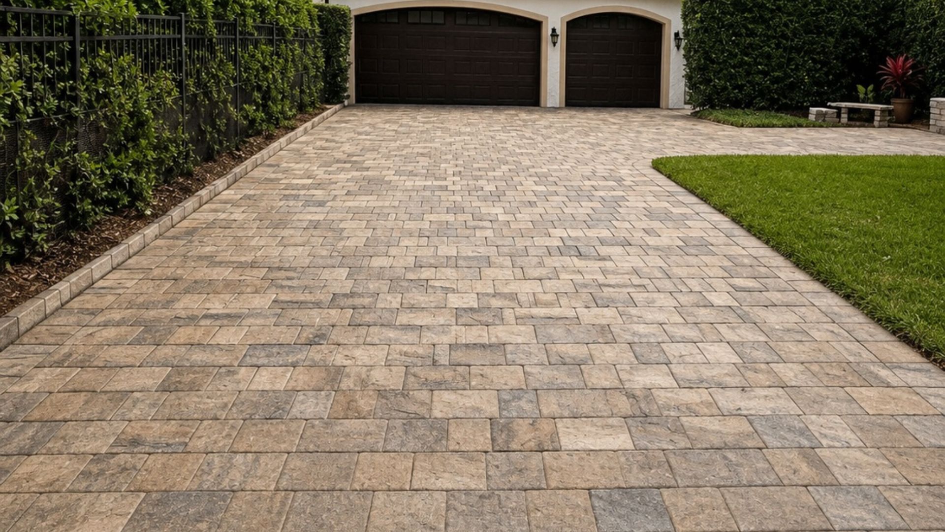 Elegant restored paver driveway with arched garage in Saint Augustine, Florida