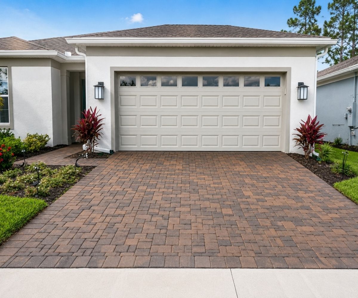 Paver driveway after sealing with enriched color in Saint Augustine, Florida