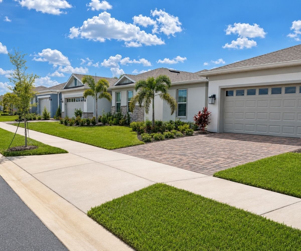 Paver driveway in a front yard with palm trees in Saint Augustine, Florida