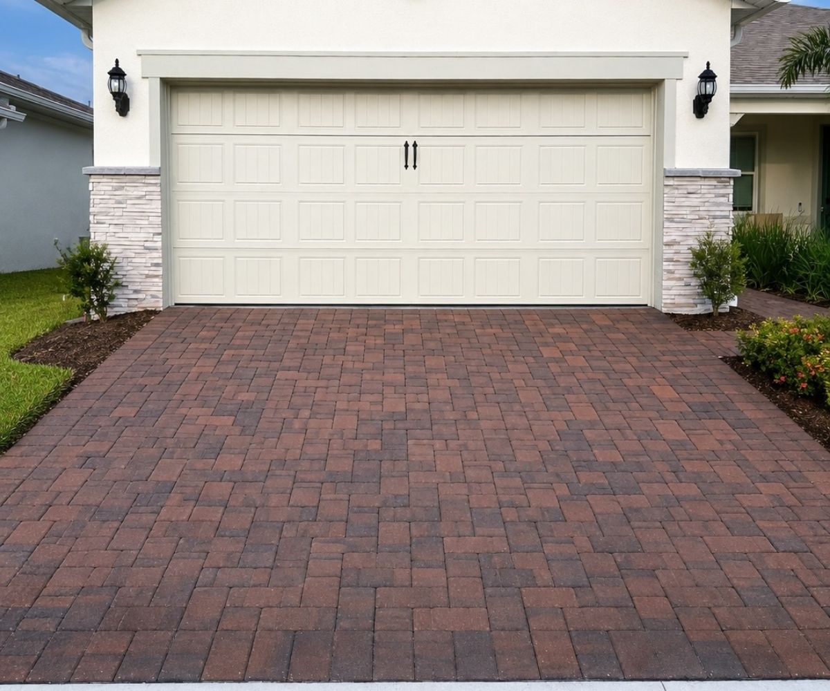 Red-brown paver driveway leading to a garage in Saint Augustine, Florida