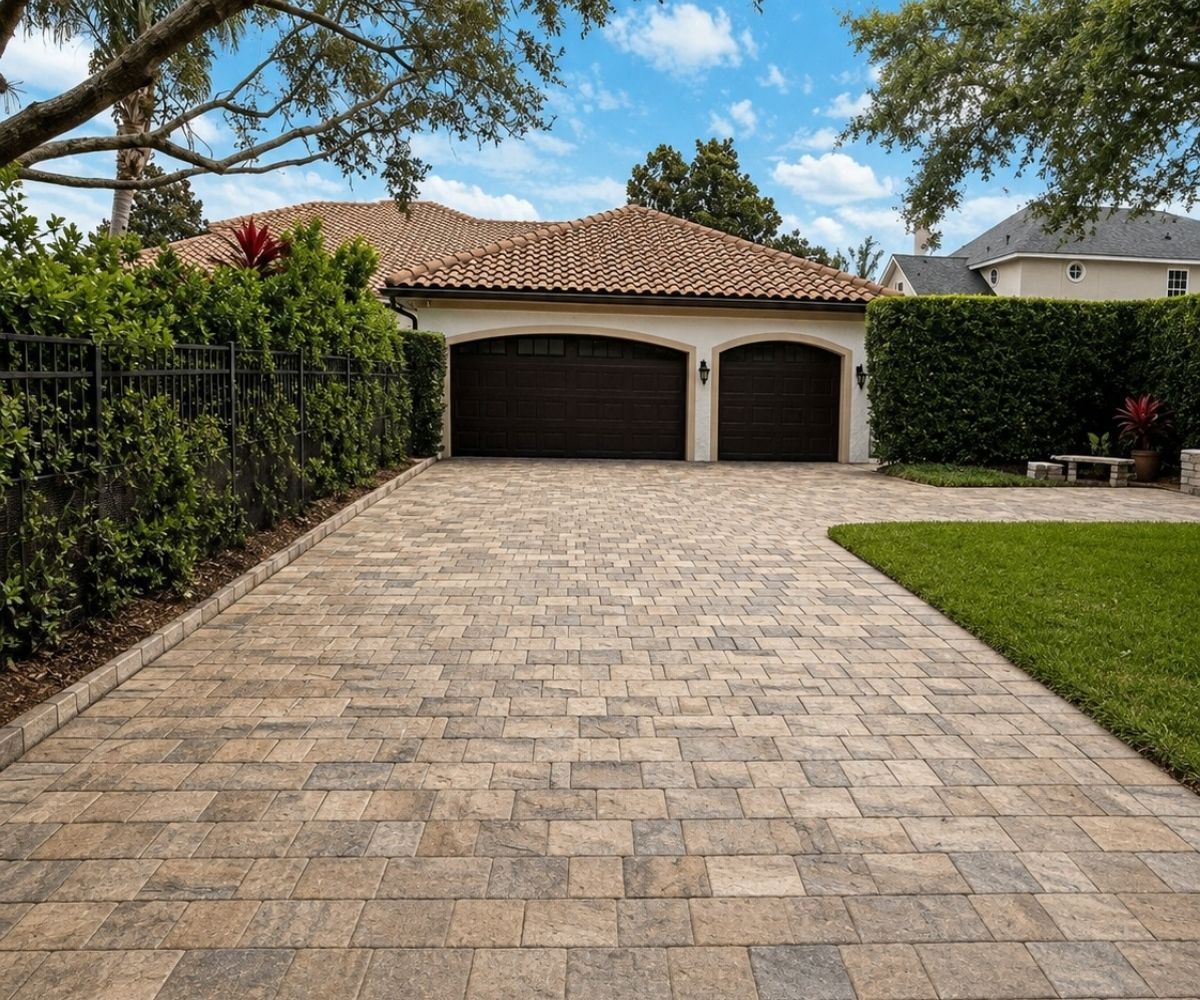 Completed paver driveway restoration after tree root repair in Saint Augustine, Florida