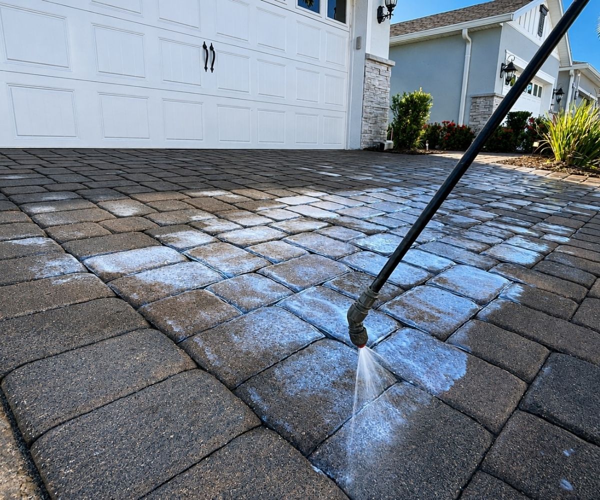 Close-up of sealer being sprayed onto a paver driveway in Saint Augustine, Florida
