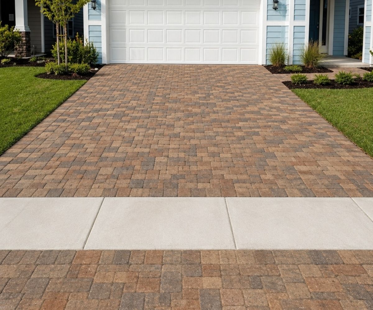 Paver driveway finished at the sidewalk crossing in Saint Augustine, Florida