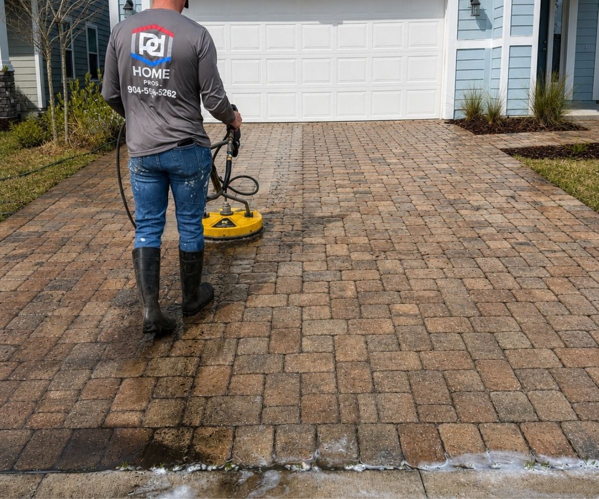 PD Home Pros crew surface-cleaning a paver driveway in Saint Augustine, Florida