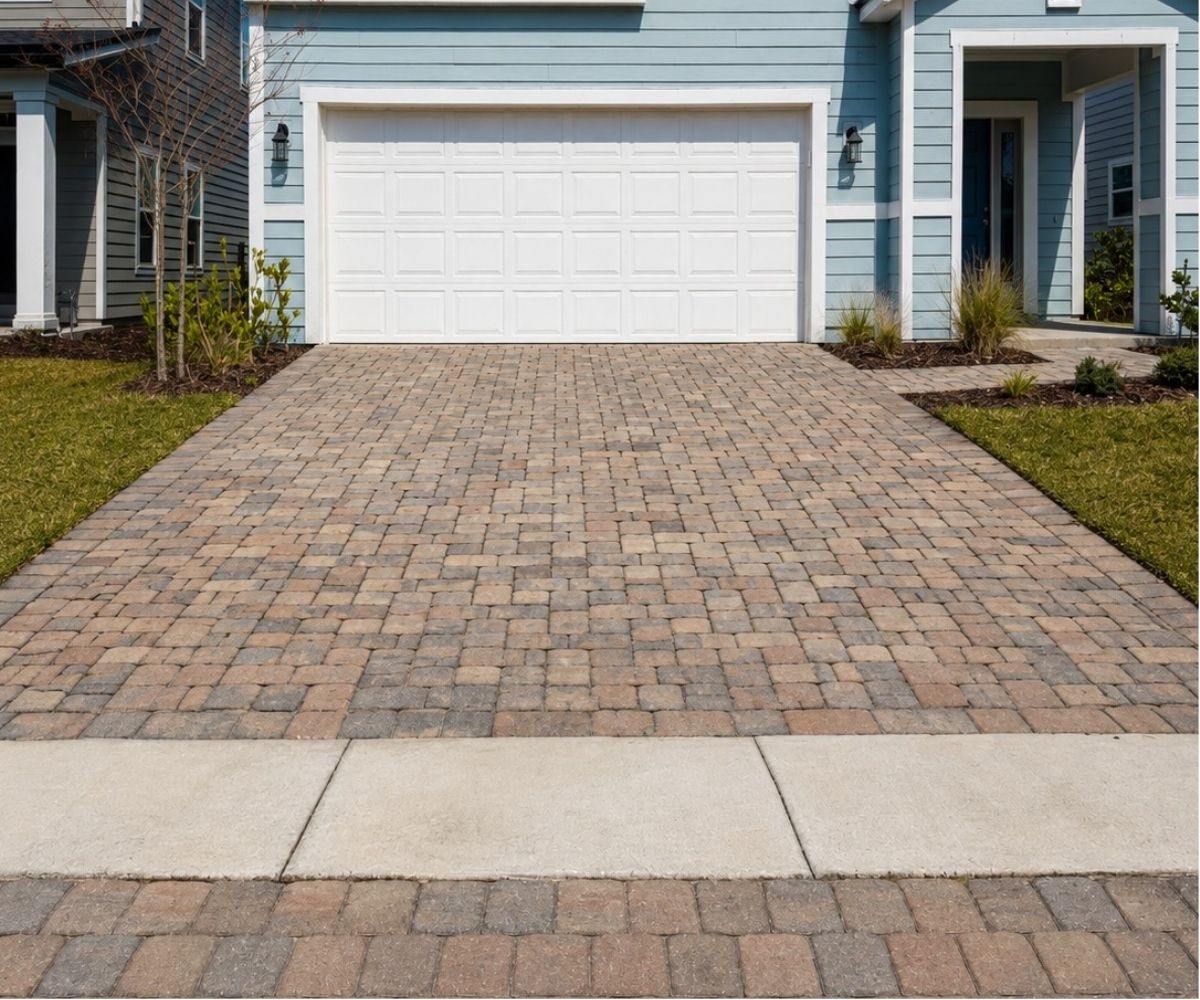Tan and gray paver driveway in front of a blue house in Saint Augustine, Florida