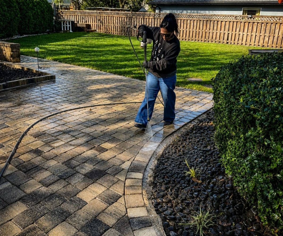 Crew edge-cleaning a paver patio border in Saint Augustine, Florida