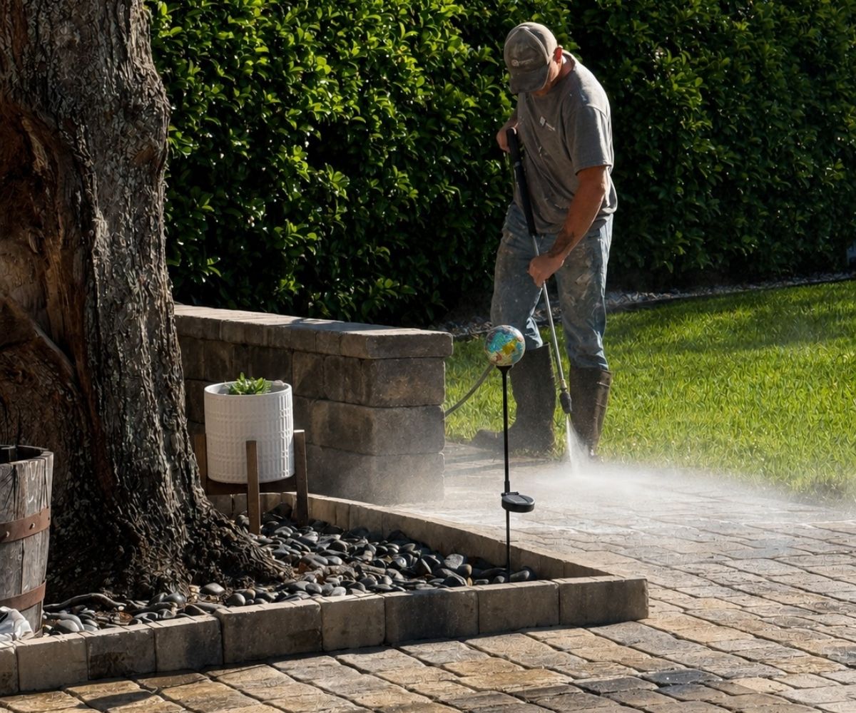 PD Home Pros crew pressure washing a paver patio in Saint Augustine, Florida