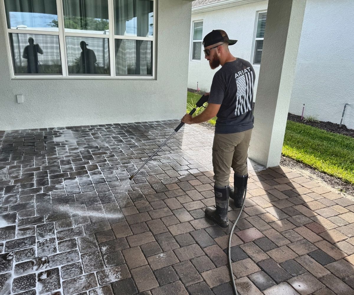 Paver patio cleaning in progress in Saint Augustine, Florida