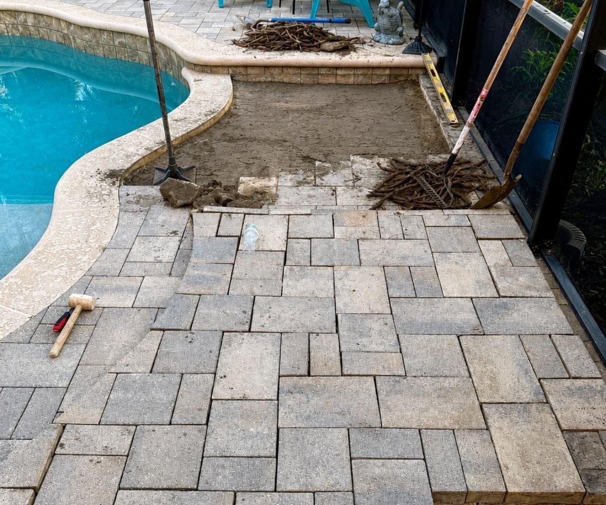 Pavers pulled up around a pool deck to excavate and remove an intruding tree root in Saint Augustine, Florida