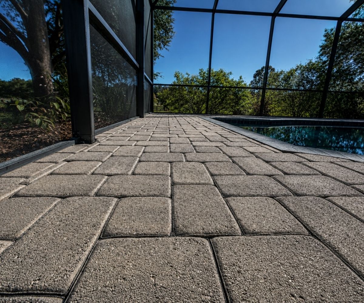 Close-up of a wet look sealed paver pool deck in Saint Augustine, Florida