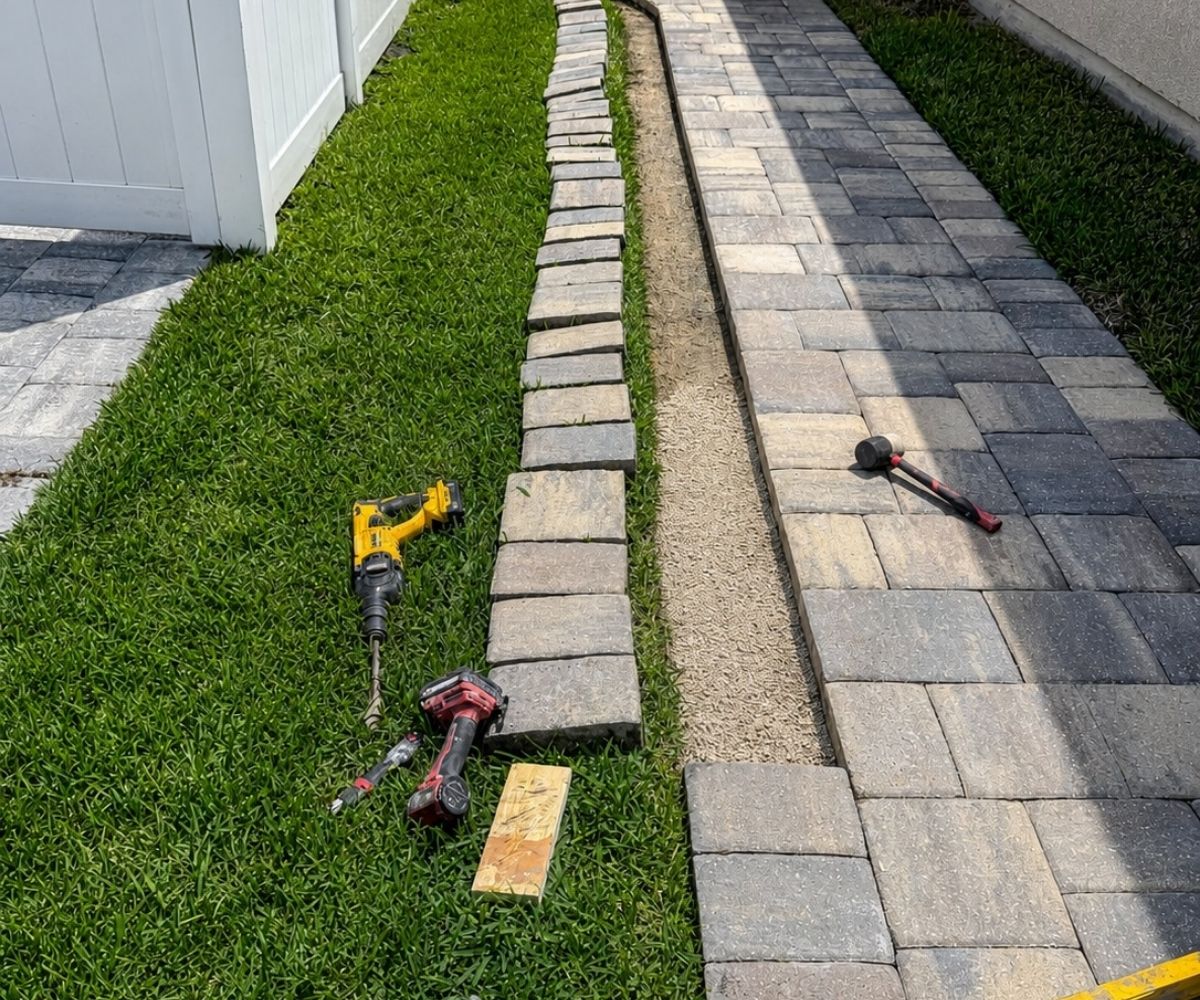 Separated walkway pavers pulled up and the base re-set with fresh bedding in Saint Augustine, Florida
