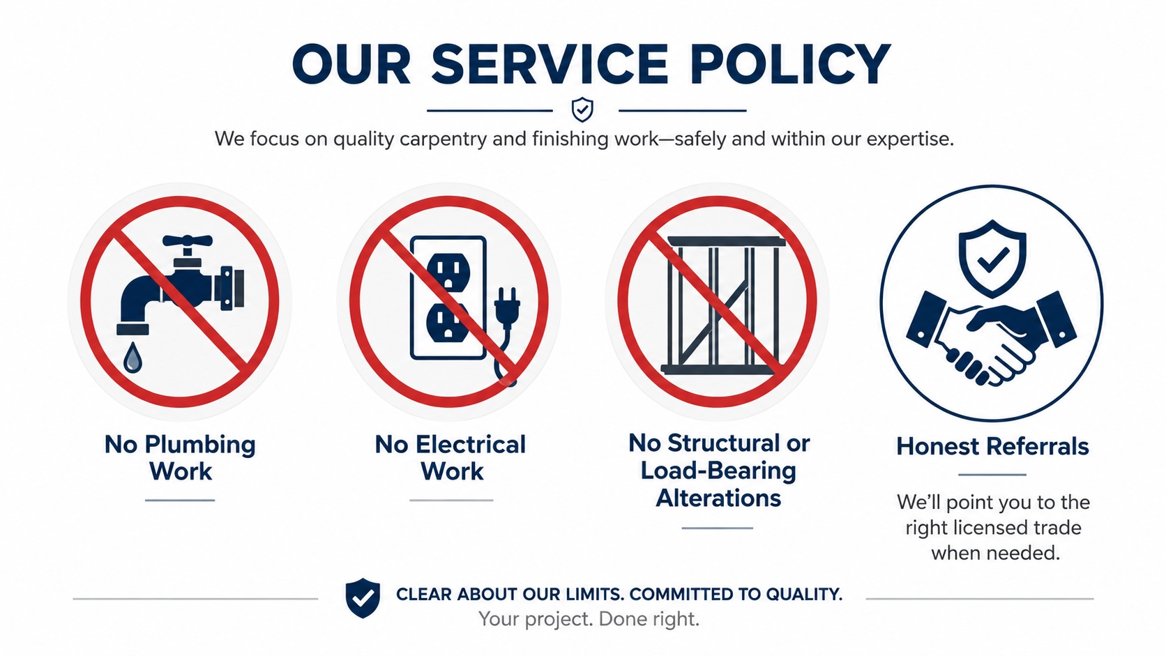 PD Home Pros service policy graphic: no plumbing work, no electrical work, no structural or load-bearing alterations, honest referrals